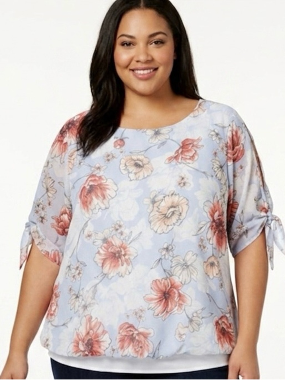 I.N. Studios Floral Blouse With Tie Sheer Sleeve's LINED Size 2X